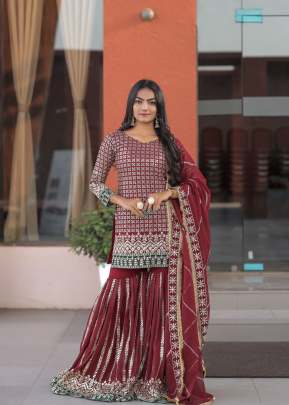 Heavy Faux Georgette With Heavy Embroidery Sequence Work Sharara Suit MF Maroon Color DN 272
