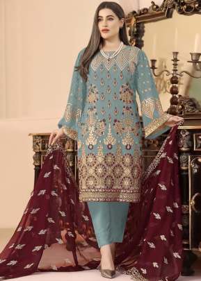 Heavy Faux Georgette with Embroidery Sequence With Moti Work Pakistani Suit Sky Color DN 1022