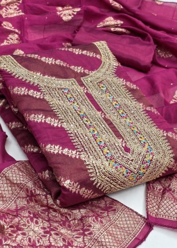 Heavy Modal Jacquard Dress Material With Embroidery Coding Sequence Work In Rich Wine Color 