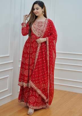 Heavy Reyon With Bandhani Anarkali Kurti With Bottom Dupatta Red Color 
