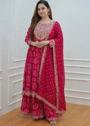 Heavy Reyon With Bandhani Anarkali Kurti With Bottom Dupatta Pink Color 