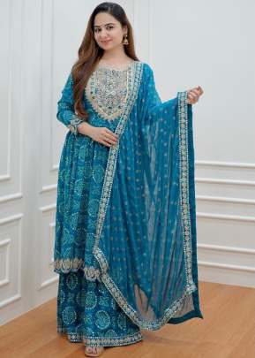 Heavy Reyon With Bandhani Anarkali Kurti With Bottom Dupatta Blue Color 