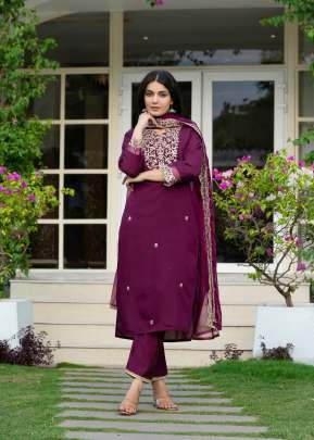 Heavy Roman Silk A Perfect Suit With Embroidery Designs  Kurti Pant and Dupatta Set Purple Color 