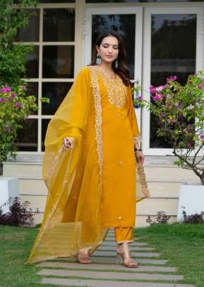Heavy Roman Silk A Perfect Suit With Embroidery Designs  Kurti Pant and Dupatta Set Yellow Color 