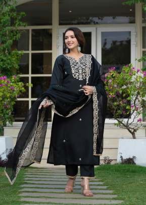 Heavy Roman Silk A Perfect Suit With Embroidery Designs  Kurti Pant and Dupatta Set Black Color 