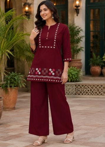  Heritages Cotton  With Embroidery Thread Work Co-ord Set  Maroon Color 