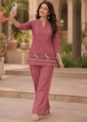 Heritages Cotton With Embroidery Thread Work Co-ord Set  Pink Color