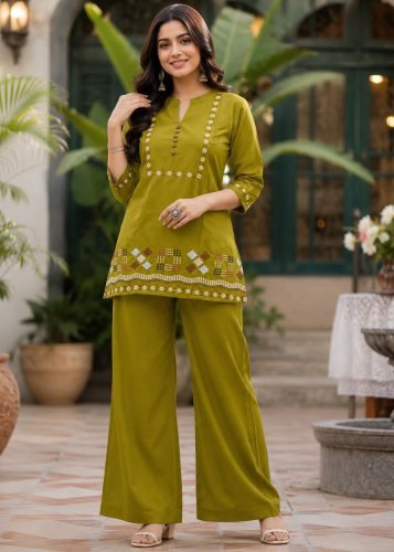 Heritages Cotton With Embroidery Thread Work Co-ord Set  Olive Green Color 