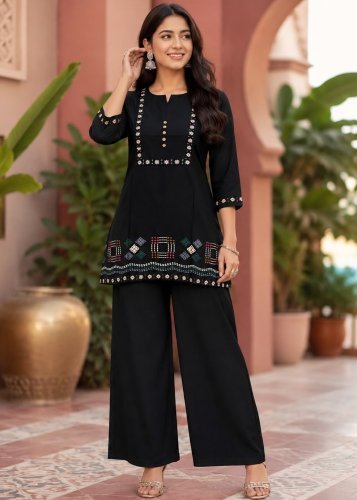 Heritages Cotton With Embroidery Thread Work Co-ord Set   Black Color