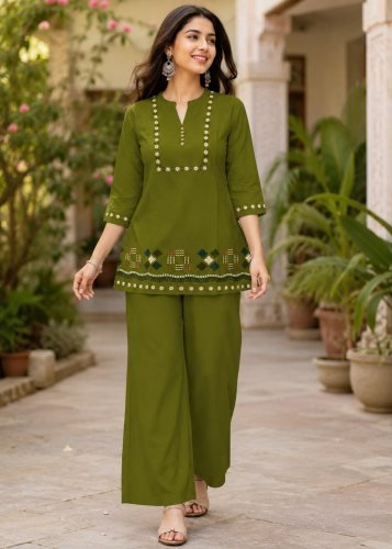 Heritages Cotton With Embroidery Thread Work Co-ord Set Dark Green Color 