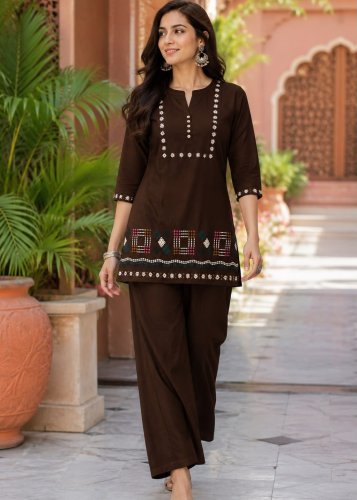 Heritages Cotton With Embroidery Thread Work Co-ord Set  Coffee Brown Color