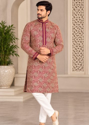 Jacquard Grand Royale Signature Collection Luxurious Men’s Kurta with Designer Collar and Exclusive Tie Detailing Maroon Color