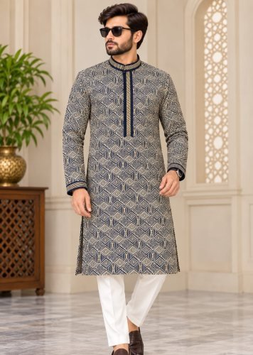 Jacquard Grand Royale Signature Collection Luxurious Men’s Kurta with Designer Collar and Exclusive Tie Detailing Beige  Color