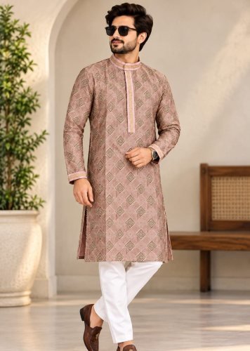 Jacquard Grand Royale Signature Collection Luxurious Men’s Kurta with Designer Collar and Exclusive Tie Detailing Dusty Rose Color