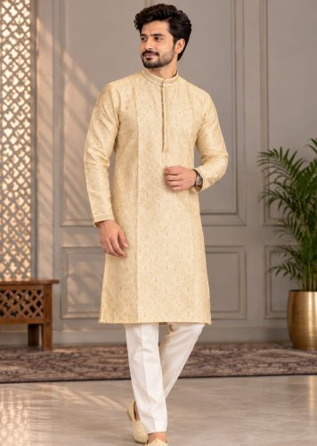 Jacquard Grand Royale Signature Collection Luxurious Men’s Kurta with Designer Collar and Exclusive Tie Detailing Cream Color