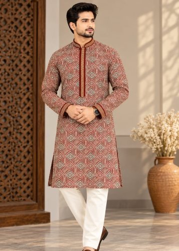 Jacquard Grand Royale Signature Collection Luxurious Men’s Kurta with Designer Collar and Exclusive Tie Detailing Maroon Color