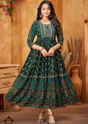 Jamway Vol 2 Rayon Print With Embroidery Work Anarkali Kurti Green Color DN 2001