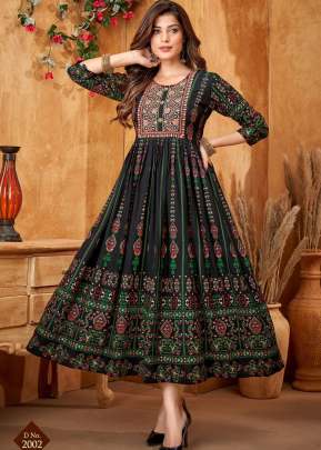 Jamway Vol 2 Rayon Print With Embroidery Work Anarkali Kurti Black Color DN 2002