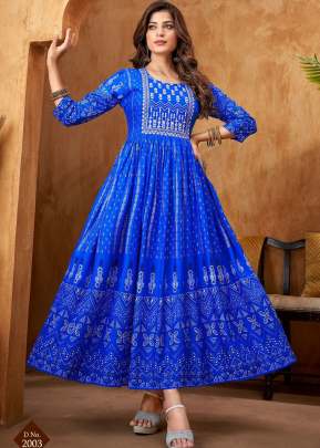 Jamway Vol 2 Rayon Print With Embroidery Work Anarkali Kurti Blue Color DN 2003