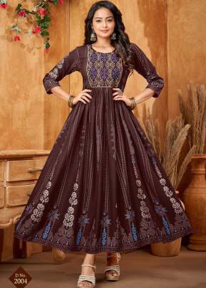 Jamway Vol 2 Rayon Print With Embroidery Work Anarkali Kurti Brown Color DN 2004