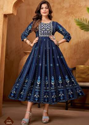 Jamway Vol 2 Rayon Print With Embroidery Work Anarkali Kurti Nevy Blue Color DN 2005