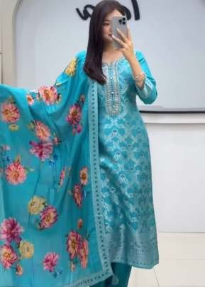 Janvi Premium Chanderi With Full Jacquard Weaving Kurti With Bottom Dupatta Set Teal Color