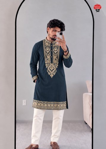 Jasam Vol 17 Premium Ethnic Wear Collection Lachko Royal Luxe Men’s Kurta With Heavy Embroidery Work Teal Blue Color