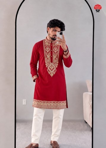 Jasam Vol 17 Premium Ethnic Wear Collection Lachko Royal Luxe Men’s Kurta With Heavy Embroidery Work Red Color