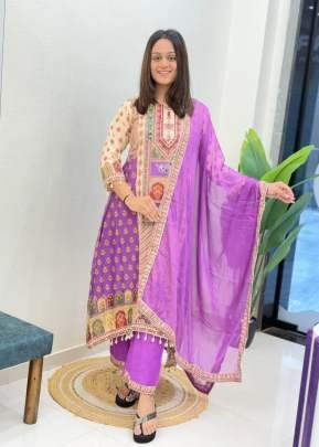 Jasood Kodi Anarkali Gown 3 Piece Set Crafted In Pure Chinon With Mirror Hand Work Purple Color