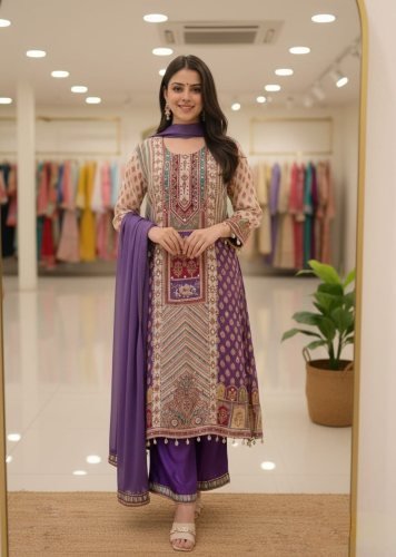 Jasood Kodi Pure Chinon Anarkali Gown 3 Piece Set With Mirror Hand Work And Chiffon Dupatta Lavender Color