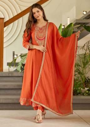 Jully Elegant Women Vichitra Silk Embroidered Flared Kurta Pant With Dupatta Set Rust Orange Color