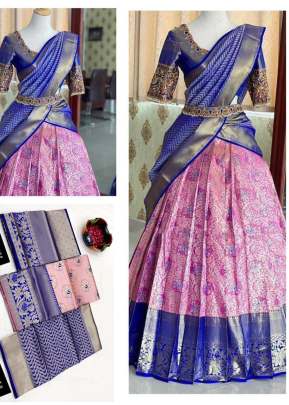 KP Kanjivaram Silk Zari Lehenga With Banrasi Silk Dupatta Half Saree Pink And Blue Color