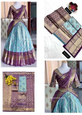 KP Kanjivaram Silk Zari Lehenga With Banrasi Silk Dupatta Half Saree Sky And purple Color