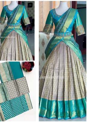 KP Kanjivaram Silk Zari Lehenga With Banrasi Silk Dupatta Half Saree Tulle Gray And Rama Green Color
