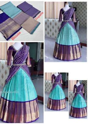 KP Kanjivaram Silk Zari Lehenga With Banrasi Silk Dupatta Half Saree Sky And Cadbury Purple Color