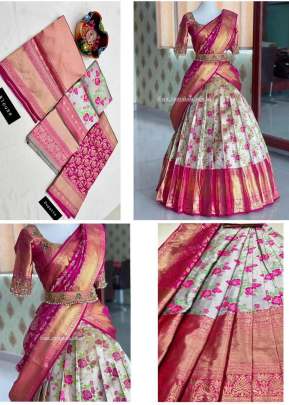 KP Kanjivaram Silk Zari Lehenga With Banrasi Silk Dupatta Half Saree Pink And Off White Color
