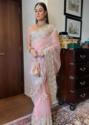 KT DN 265 Pure Bright Organza Silk Designer Bollywood Saree Light Pink Color