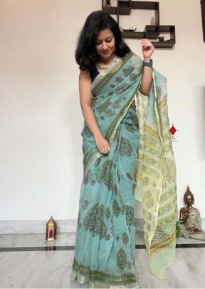 KT DN 269 Cotton Zari Patta With Digital Print Saree Sky Blue Color