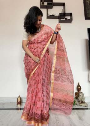 KT DN 270 Cotton Zari Patta With Digital Print Saree Peach Color