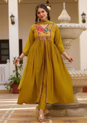 Kameli Women Embroidery Straight Kurta Pant With Dupatta With Embroidery Work Yellow Color 