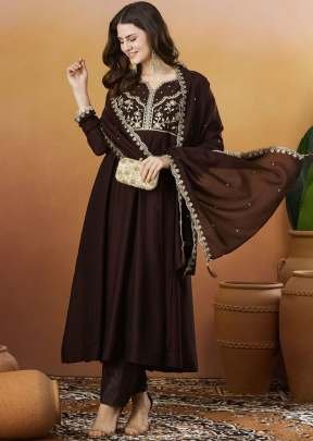 Kanika Designer 3 piece Kurta Set Vichitra Silk With Embroidery Sequence Work Brown Color 