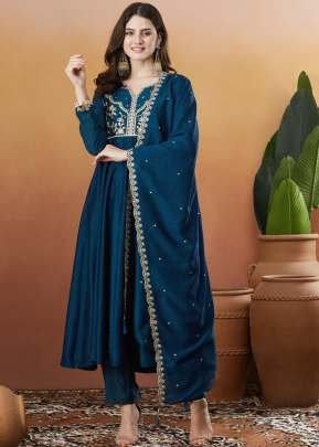 Kanika Designer 3 piece Kurta Set Vichitra Silk With Embroidery Sequence Work Teal Blue Color 