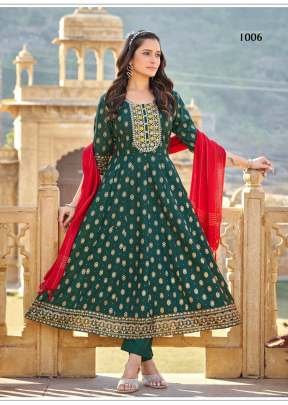 Kanika In 14Kg Rayon Fabric 3 Piece Anarkali Kurti Set With Pant And Dupatta Green Color DN 1005