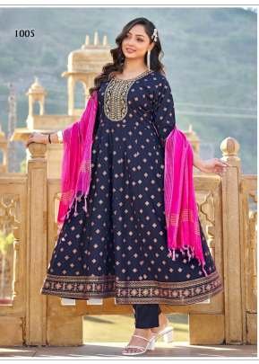 Kanika In 14Kg Rayon Fabric 3 Piece Anarkali Kurti Set With Pant And Dupatta Dark Blue Color DN 1006