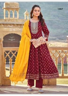 Kanika In 14Kg Rayon Fabric 3 Piece Anarkali Kurti Set With Pant And Dupatta Maroon Color DN 1007