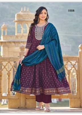 Kanika In 14Kg Rayon Fabric 3 Piece Anarkali Kurti Set With Pant And Dupatta Teal Blue Color DN 1008