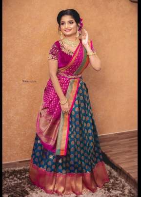 Kanjiveram Silk  Pure Zari  Half Lehenga saree Blue Colour 