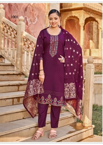 Karissa DN 1001 Designer Vertical Silk 3 Piece Kurti Pant Dupatta Set With Embroidery Sequence And Zarkan Work In Burgundy Color 