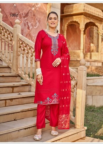 Karissa DN 1002 Designer Vertical Silk 3 Piece Kurti Pant Dupatta Set With Embroidery Sequence And Zarkan Work In Red Color 
