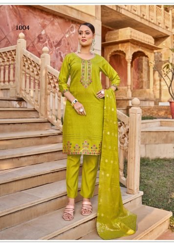 Karissa DN 1004 Designer Vertical Silk 3 Piece Kurti Pant Dupatta Set With Embroidery Sequence And Zarkan Work In Lime Green Color 